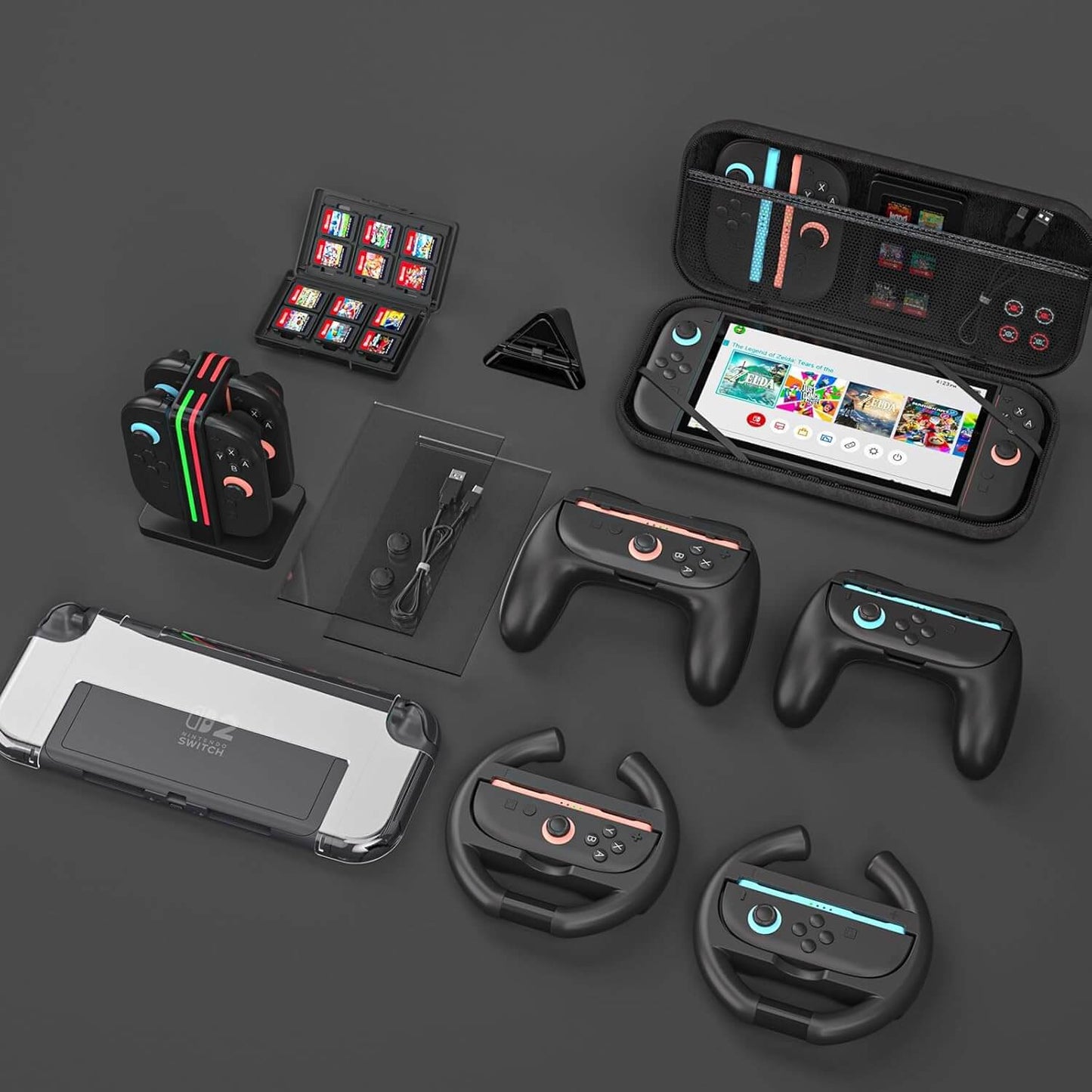 Switch 2 Accessories 9-in-1 Bundle – Carrying Case, Screen Protector, Charger Dock, Joycon Grips & Wheels – Full Kit for Nintendo Switch 2 Console Travel Gaming Setup