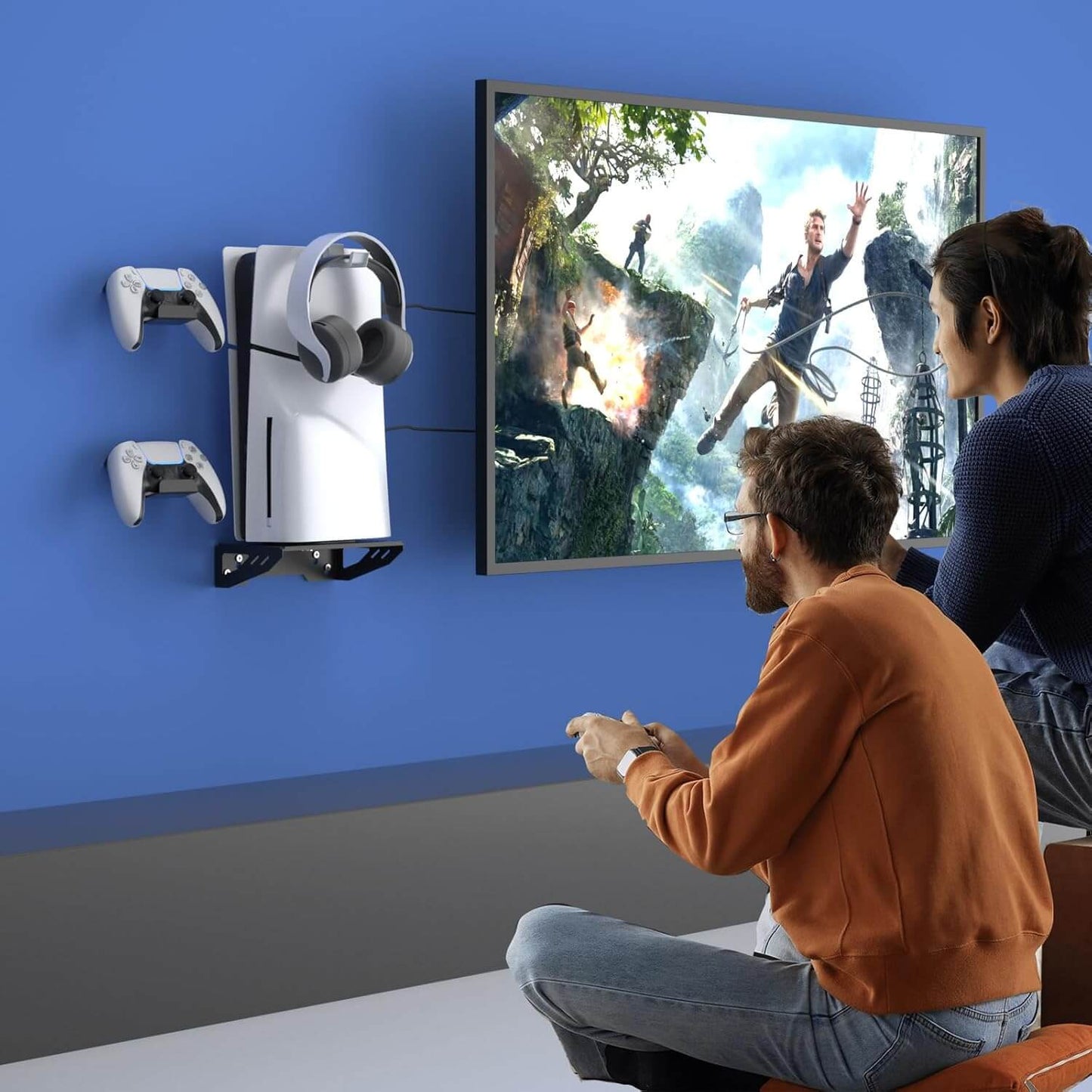 Wall Mount Kit for PS5 Slim Console – Includes 2 Controller Holders, 1 Headset Hook, Screw-Fixed Bracket, Space-Saving Black Mount – Fits Disc & Digital Edition