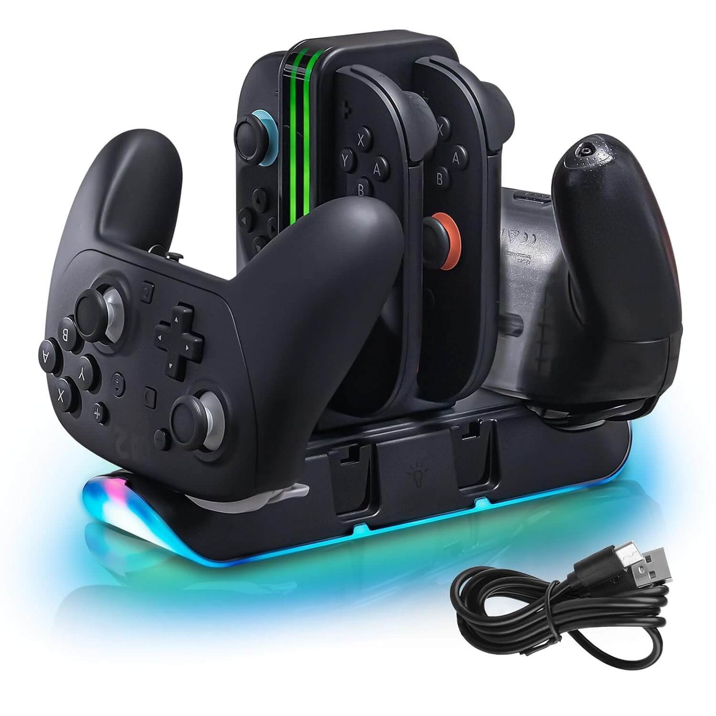 Switch 2 Controller Charging Dock, 6-in-1 Charging Station for 4 Joy-Con & Pro Controllers, RGB LED Gaming Controller Stand Organizer with USB Connectivity