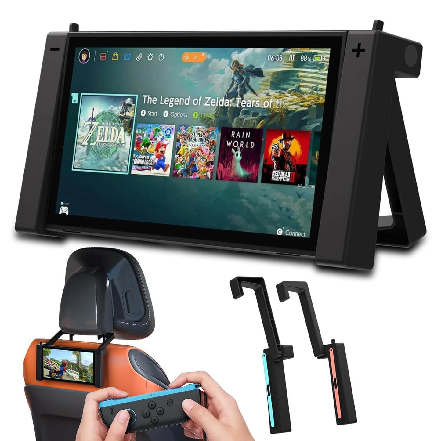 HEATFUN Switch 2 Car Headrest Mount & Table Stand β Wide-Fit Adjustable Hooks, Case-Friendly Grip, Multi-Angle Switch 2 Holder, Anti-Slip Stable Stand for Road Trips, Airplanes, Home Gaming