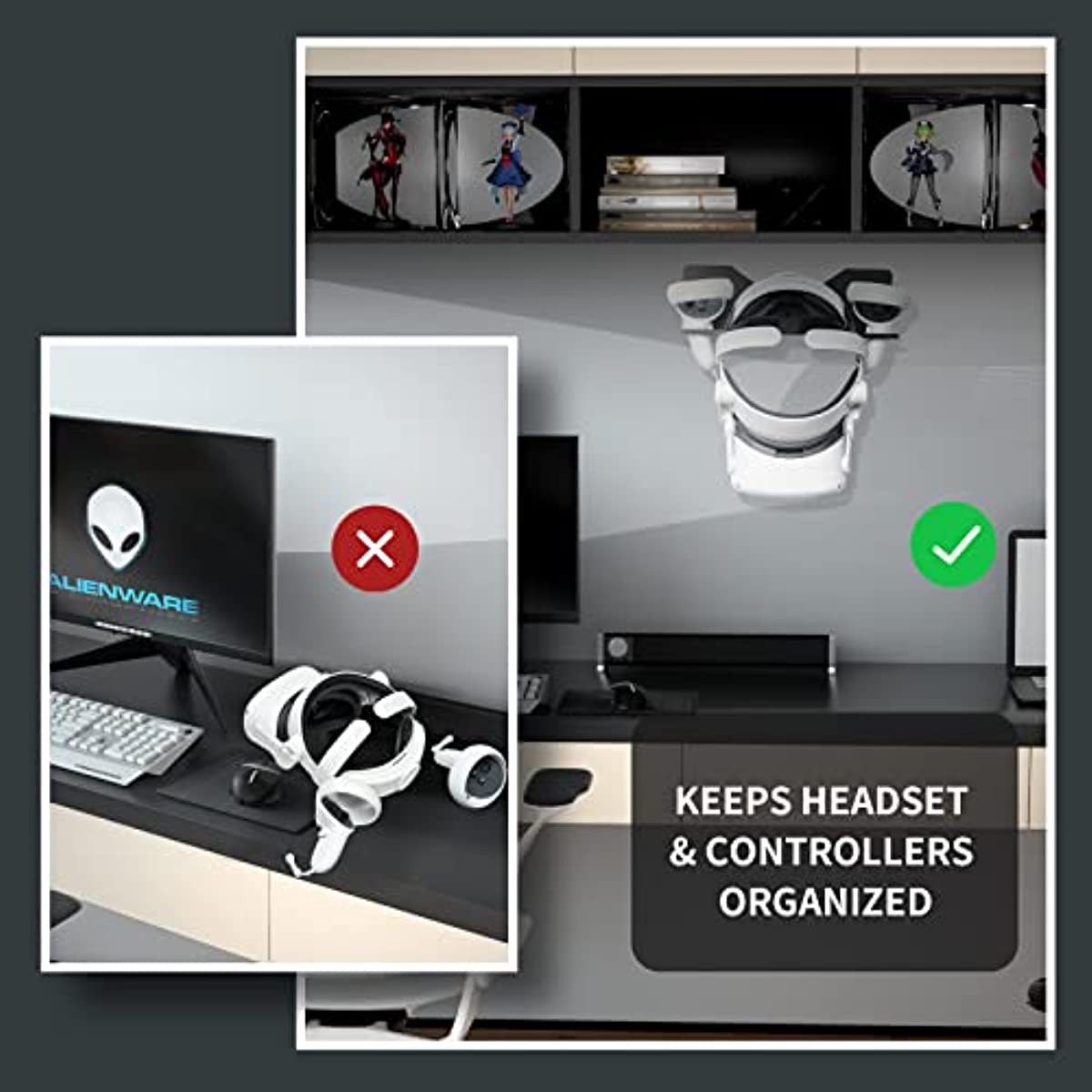 Oculus Quest 2 Wall Mount Storage Stand Holder Compatible with Oculus Quest 2, Quest 1, Valve Index, Rift S, HP Reverb G2, Vive Pro, HTC Vive, Playstation VR Headset and Controllers VR Rack - Black