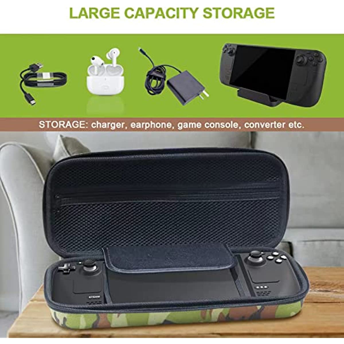 Steam Deck Accessories, Steam Deck Hard Shell Carrying Case and Steam Deck Soft Silicone Protective Case - Camouflage Green