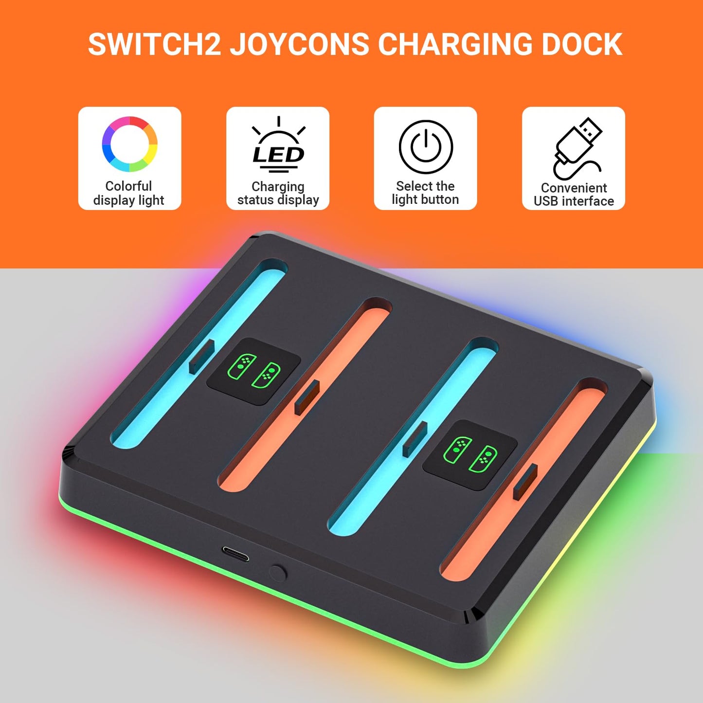 Switch 2 Controller Charger Dock with RGB Lighting, LED Indicator, Wall Mount & Type-C Port – Fast Charging Station for 4 Joy-Cons – Compact & Neat Design – Must-Have Switch 2 Accessories