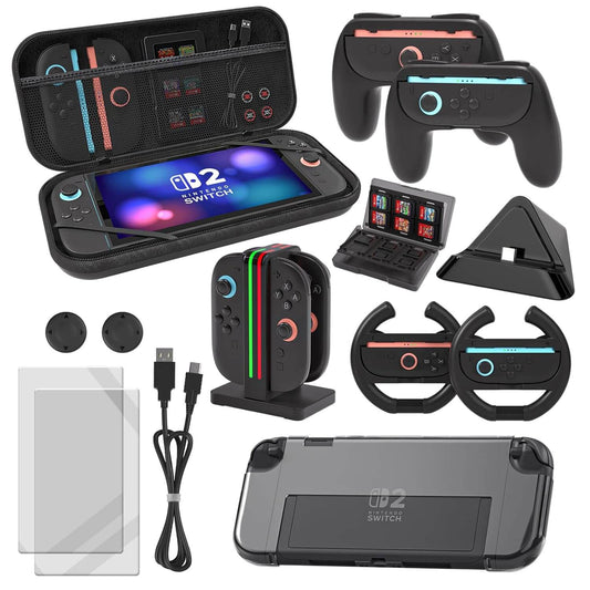 Switch 2 Accessories 9-in-1 Bundle – Carrying Case, Screen Protector, Charger Dock, Joycon Grips & Wheels – Full Kit for Nintendo Switch 2 Console Travel Gaming Setup