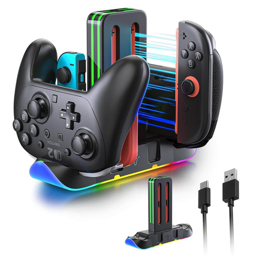 Switch 2 Controller Charging Dock, 6-in-1 Charging Station for 4 Joy-Con & Pro Controllers, RGB LED Gaming Controller Stand Organizer with USB Connectivity