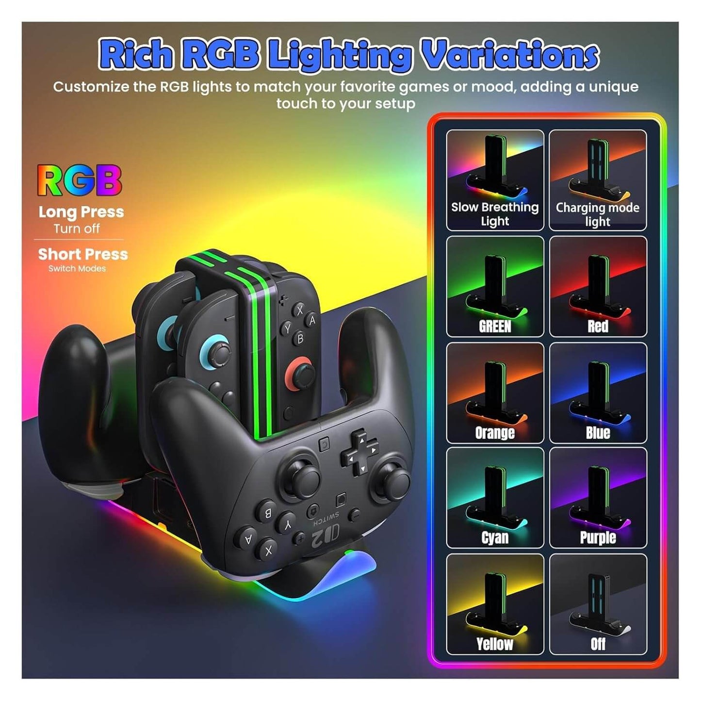 Switch 2 Controller Charging Dock, 6-in-1 Charging Station for 4 Joy-Con & Pro Controllers, RGB LED Gaming Controller Stand Organizer with USB Connectivity