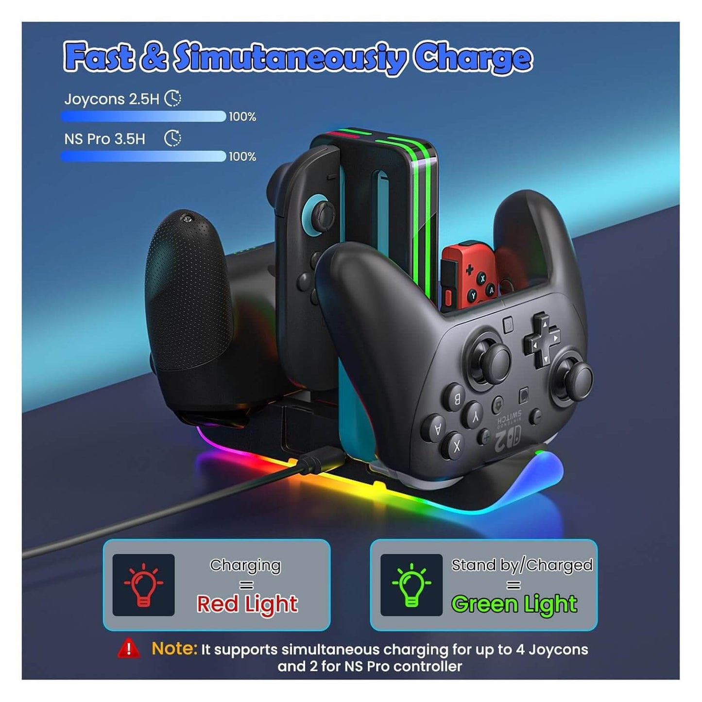 Switch 2 Controller Charging Dock, 6-in-1 Charging Station for 4 Joy-Con & Pro Controllers, RGB LED Gaming Controller Stand Organizer with USB Connectivity
