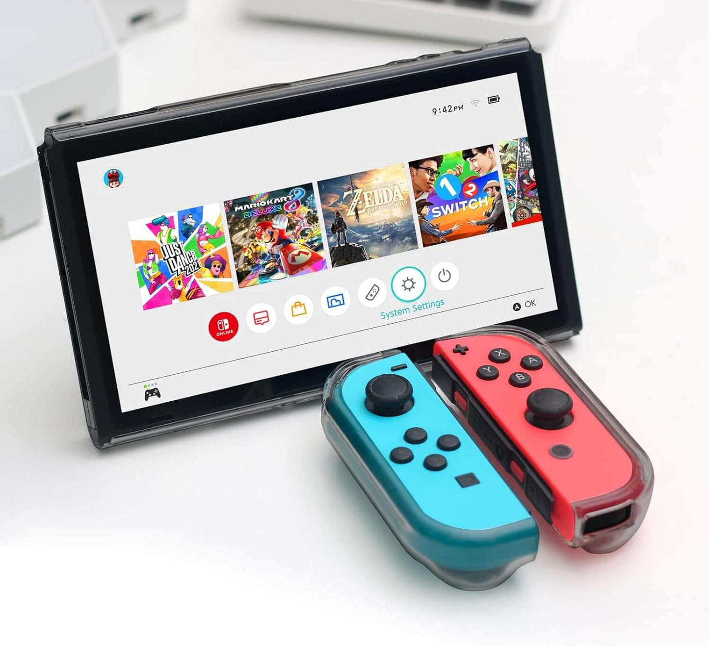 Switch Dockable Case, Switch Protective Case with Soft TPU Grip Case for Joy-Con, Switch Tempered Glass Screen Protector and 6 Thumb Stick Caps - Black