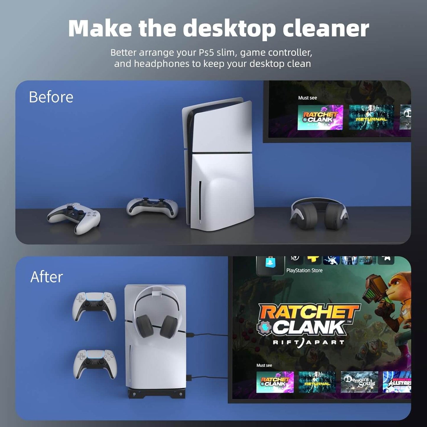 Wall Mount Kit for PS5 Slim Console – Includes 2 Controller Holders, 1 Headset Hook, Screw-Fixed Bracket, Space-Saving Black Mount – Fits Disc & Digital Edition