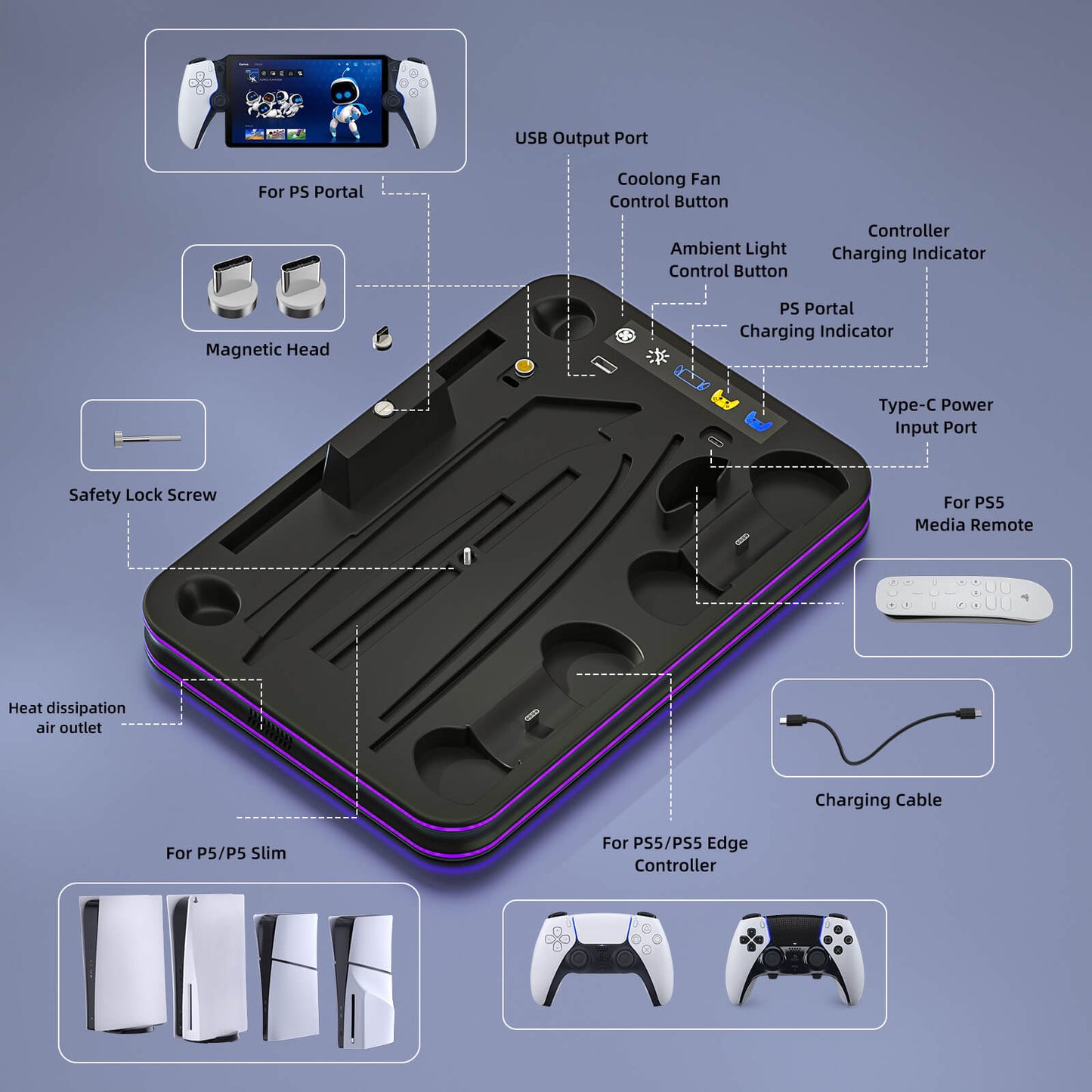 PS5 Slim Stand and Cooling Station with RGB LED Controller Charging Station for PlayStation 5, PS5 Controller Charger for Dual Sense & Edge Controller, PS5 / PS5 Slim Accessories Cooling Black