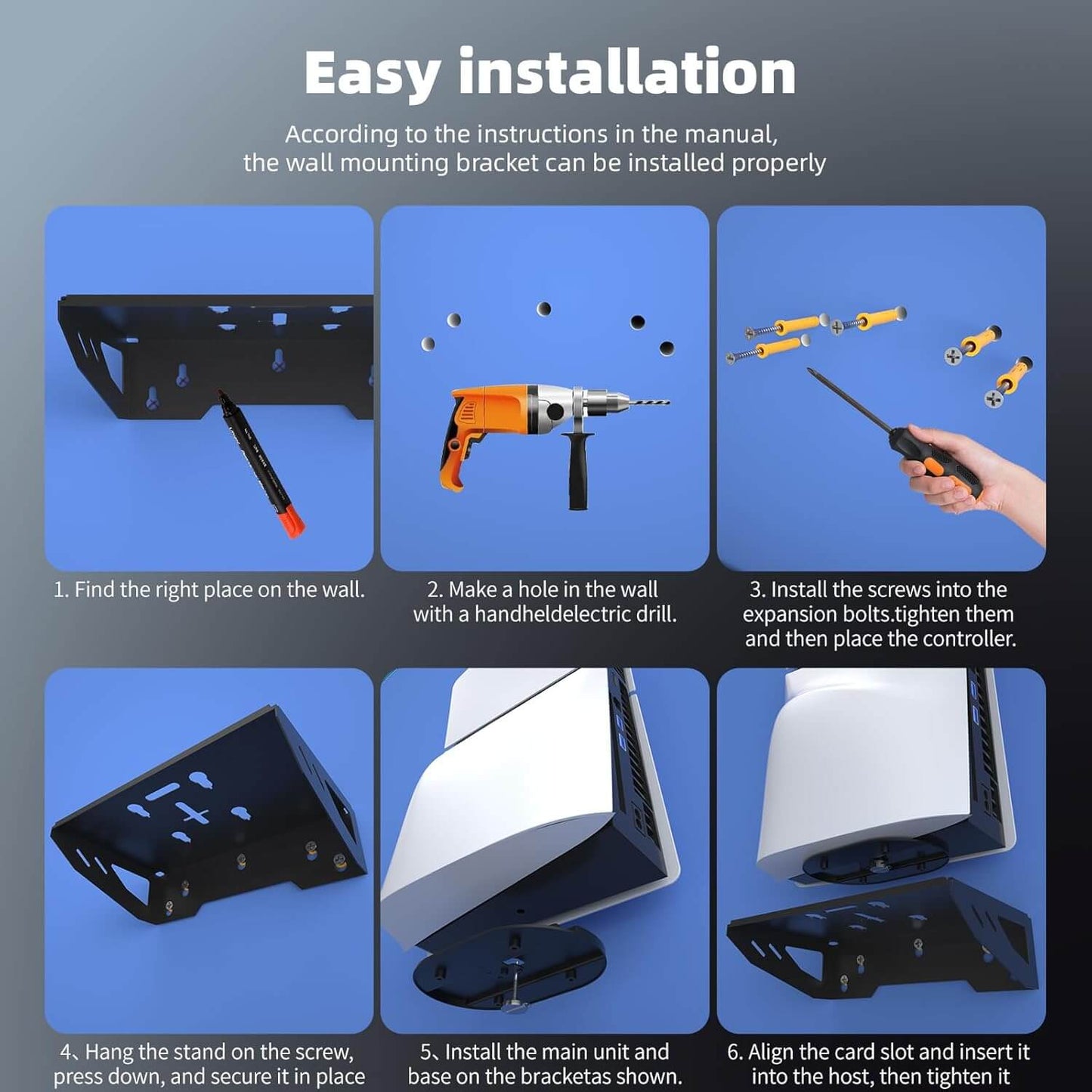 Wall Mount Kit for PS5 Slim Console – Includes 2 Controller Holders, 1 Headset Hook, Screw-Fixed Bracket, Space-Saving Black Mount – Fits Disc & Digital Edition