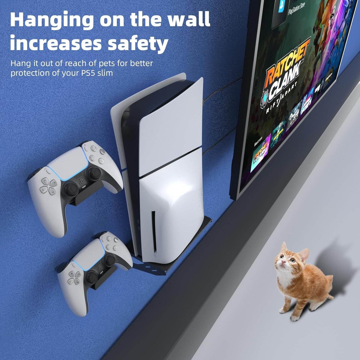 Wall Mount Kit for PS5 Slim Console – Includes 2 Controller Holders, 1 Headset Hook, Screw-Fixed Bracket, Space-Saving Black Mount – Fits Disc & Digital Edition