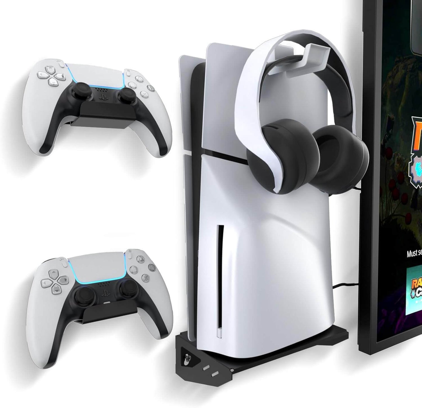 Wall Mount Kit for PS5 Slim Console – Includes 2 Controller Holders, 1 Headset Hook, Screw-Fixed Bracket, Space-Saving Black Mount – Fits Disc & Digital Edition