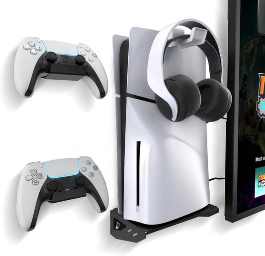 Wall Mount Kit for PS5 Slim Console – Includes 2 Controller Holders, 1 Headset Hook, Screw-Fixed Bracket, Space-Saving Black Mount – Fits Disc & Digital Edition