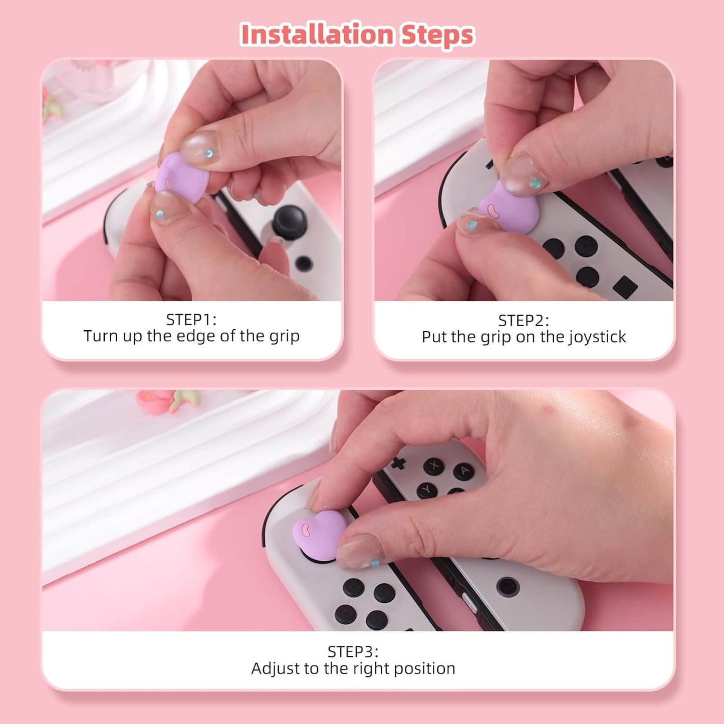 Silicone Joycon Thumb Grip Caps, Soft Joystick Cover Caps Compatible with Nintendo Switch/OLED/Switch Lite, 4PCS - Pink and Purple Heart