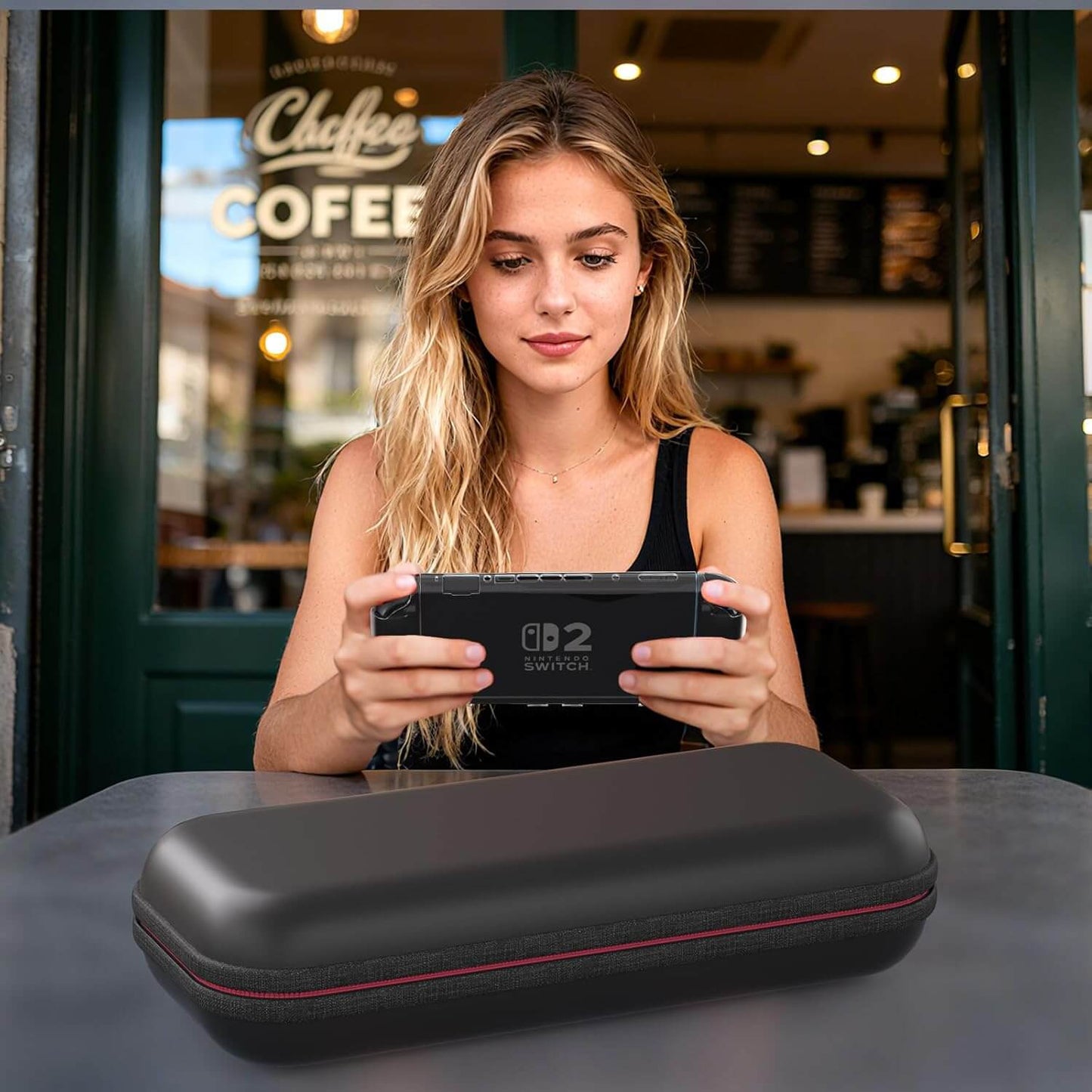 HEATFUN Switch 2 Carrying Case Upgraded Zipper, Minimalist Black Design, No Logo, Hard Shell Switch 2 Travel Case Holds Console and 12 Game Cards, Includes Screen Protector and Thumb Grips