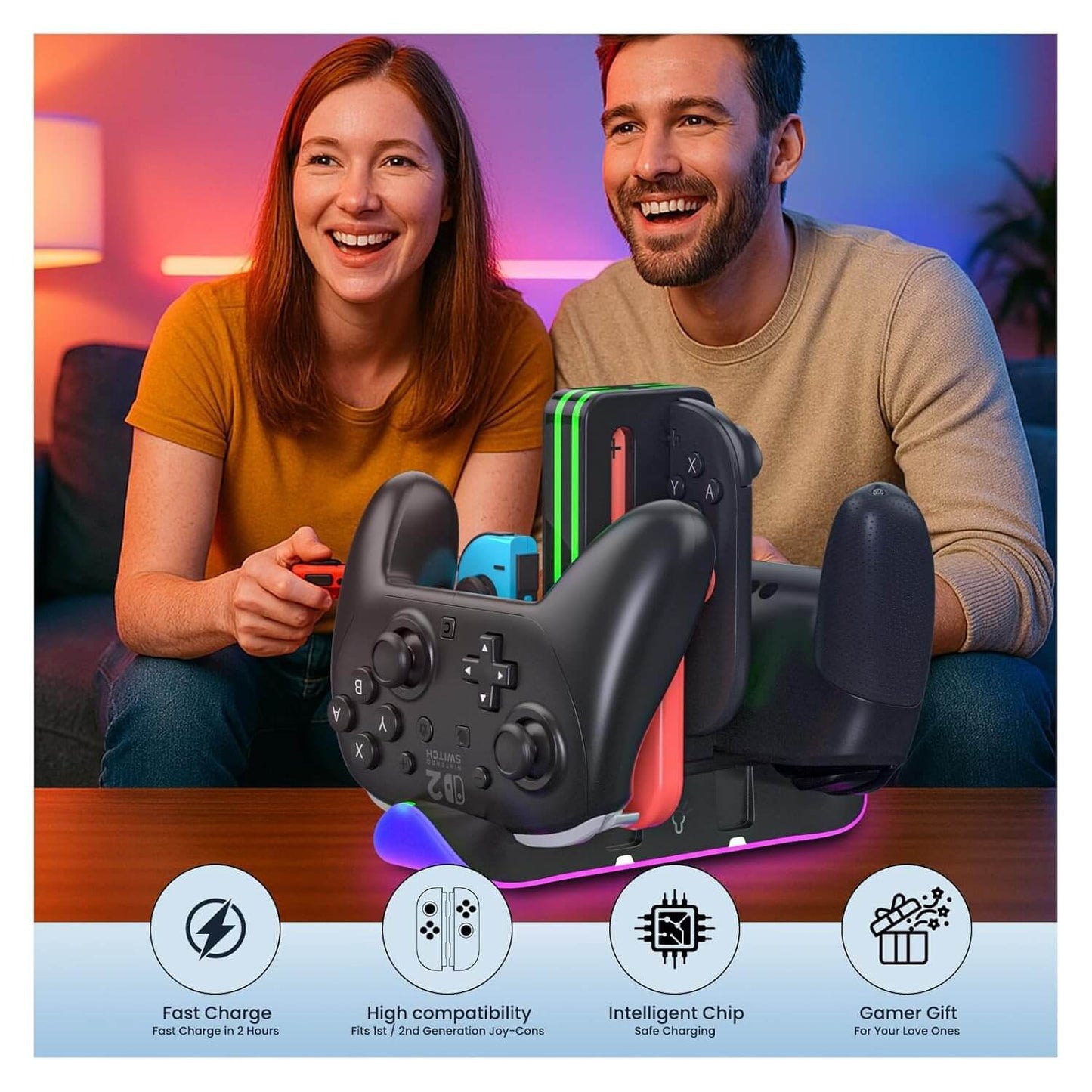 Switch 2 Controller Charging Dock, 6-in-1 Charging Station for 4 Joy-Con & Pro Controllers, RGB LED Gaming Controller Stand Organizer with USB Connectivity