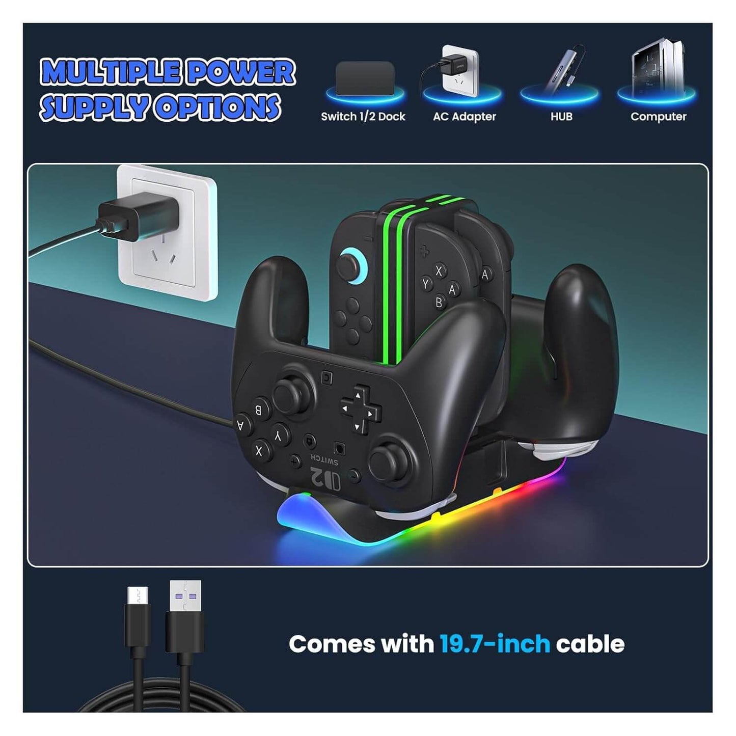 Switch 2 Controller Charging Dock, 6-in-1 Charging Station for 4 Joy-Con & Pro Controllers, RGB LED Gaming Controller Stand Organizer with USB Connectivity