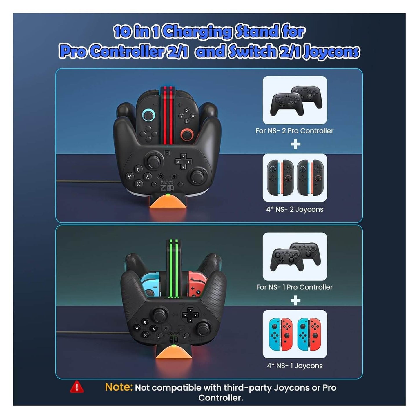 Switch 2 Controller Charging Dock, 6-in-1 Charging Station for 4 Joy-Con & Pro Controllers, RGB LED Gaming Controller Stand Organizer with USB Connectivity