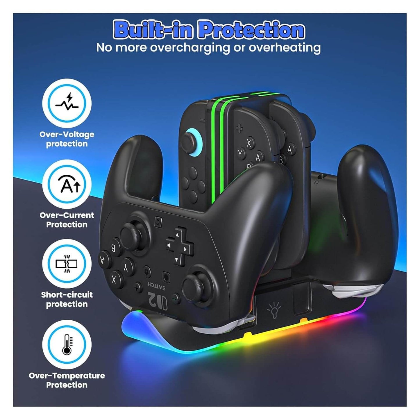 Switch 2 Controller Charging Dock, 6-in-1 Charging Station for 4 Joy-Con & Pro Controllers, RGB LED Gaming Controller Stand Organizer with USB Connectivity