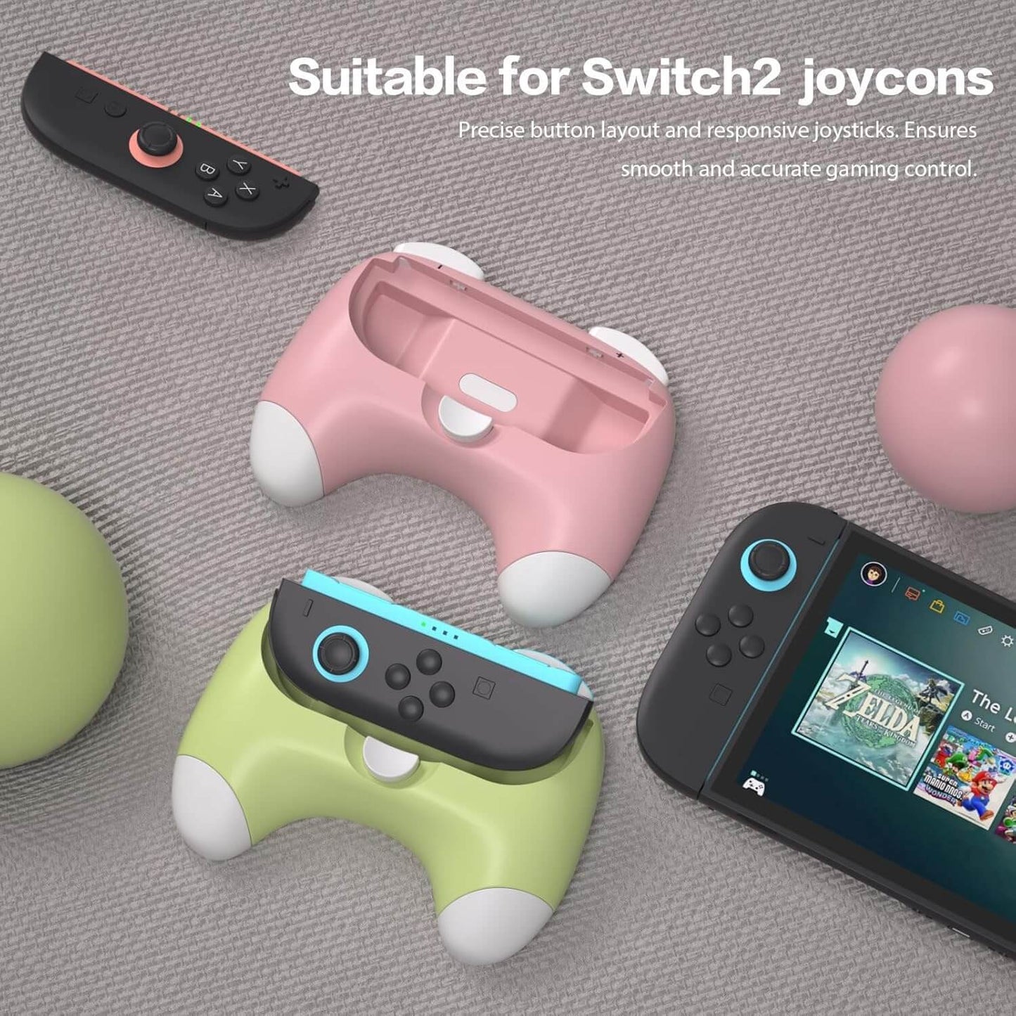 HEATFUN Switch 2 Controller Grips, Ergonomic Handles for Switch 2 Joy-Con, Anti-Slip & Lightweight Switch 2 Joycon Grips - Pink Green (2 Packs)