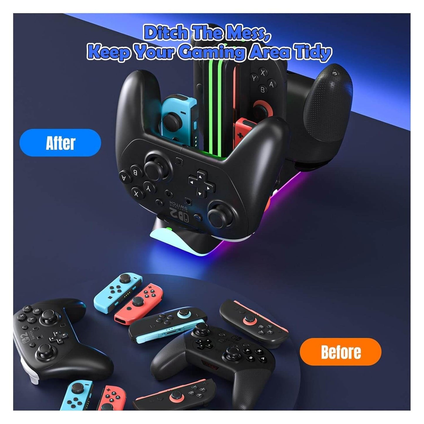 Switch 2 Controller Charging Dock, 6-in-1 Charging Station for 4 Joy-Con & Pro Controllers, RGB LED Gaming Controller Stand Organizer with USB Connectivity