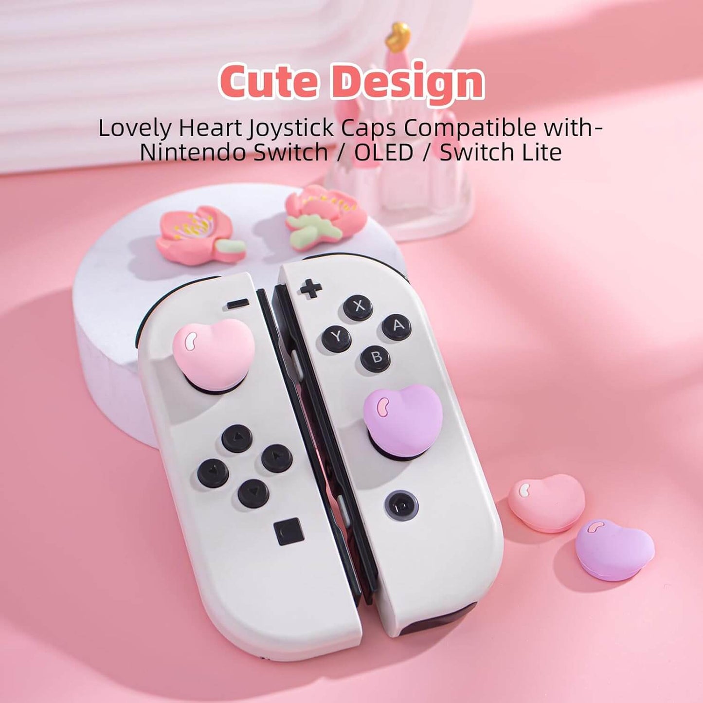 Silicone Joycon Thumb Grip Caps, Soft Joystick Cover Caps Compatible with Nintendo Switch/OLED/Switch Lite, 4PCS - Pink and Purple Heart