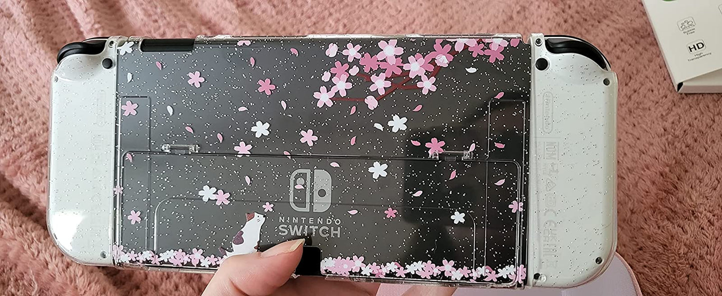 Switch OLED Protective Case, Switch OLED Clear Case with Tempered Glass Screen Protector and Thumb Grips - Cherry Blossom